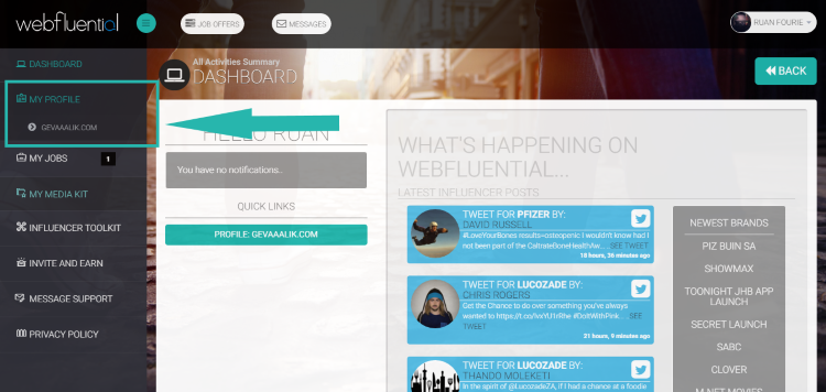Dashboard - Finding your Webfluential Profile