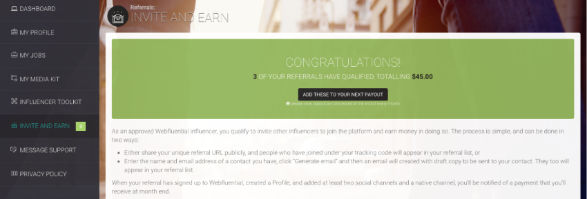 Webfluential Invite and Earn Qualified referrals